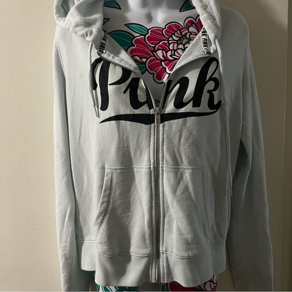 Pink Victorias Secret Light Blue Zip Up Hoodie - Picture 1 of 6